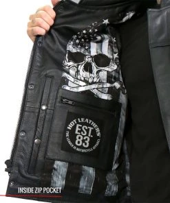 Motorcycle Vests Hot Leathers VSM1054 Men’s Black'Skull Flag' Conceal And Carry Leather Vest