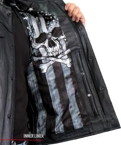 Motorcycle Vests Hot Leathers VSM1054 Men’s Black'Skull Flag' Conceal And Carry Leather Vest