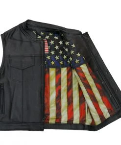 Hot Leathers VSM1056 Men's Black 'Vintage USA Flag' Conceal And Carry Leather Vest Motorcycle Vests