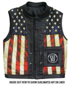 Hot Leathers VSM1056 Men's Black 'Vintage USA Flag' Conceal And Carry Leather Vest Motorcycle Vests