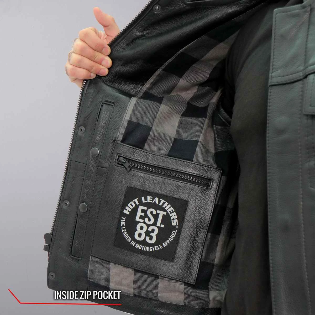 Hot Leathers VSM1059 Men's Black 'Flannel Grey' Conceal And Carry Leather Vest