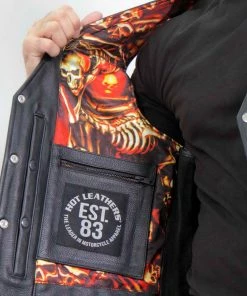 Motorcycle Vests Hot Leathers VSM1061 Men's Black'Skulls Make Skulls' Conceal And Carry Side Lace Leather Vest