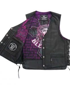 Motorcycle Vests Hot Leathers VSM1063 Men's Black 'Blessed' Conceal And Carry Side Lace Leather Vest