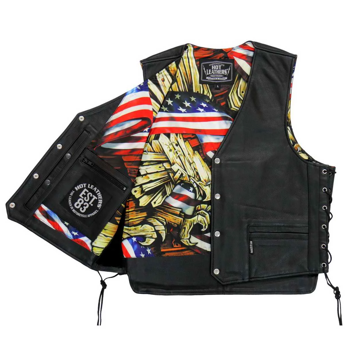 Hot Leathers VSM1065 Men's Black 'Wooded Eagle' Conceal And Carry Side Lace Leather Vest Motorcycle Vests
