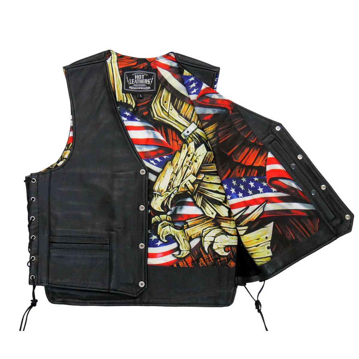 Hot Leathers VSM1065 Men's Black 'Wooded Eagle' Conceal And Carry Side Lace Leather Vest Motorcycle Vests