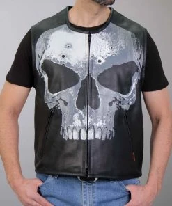 Motorcycle Vests Hot Leathers VSM2001 Men's Black ‘Jumbo Skull’ Conceal And Carry Leather Vest