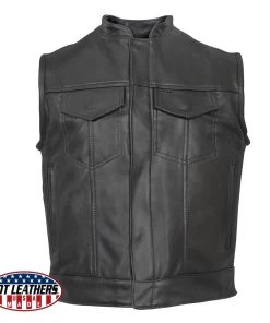 Hot Leathers VSM5004 Men's USA Made Covered Zipper Premium Leather Vest Motorcycle Vests