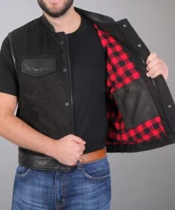 Motorcycle Vests Hot Leathers VSM5101 Men's USA Made Denim And Leather Vest With Red Lining