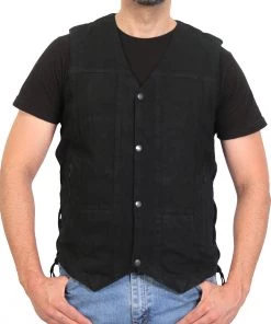 Motorcycle Vests Hot Leathers VSM6102 Men's Classic Black Denim Vest With Side Laces