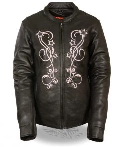 Milwaukee Leather ML2500 Women's Reflective Star Riveted Black/Pink Leather Jacket