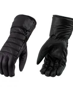 Genuine Leather Men’s XS2066 Black Gauntlet Leather Motorcycle Winter Gloves With Rain Cover