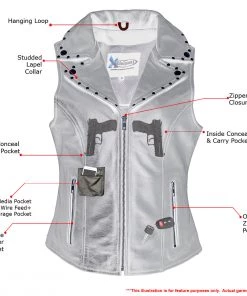 Xelement XS1028 Ladies'Dita' Black Leather Vest With Riveted M/C Lapel Collar