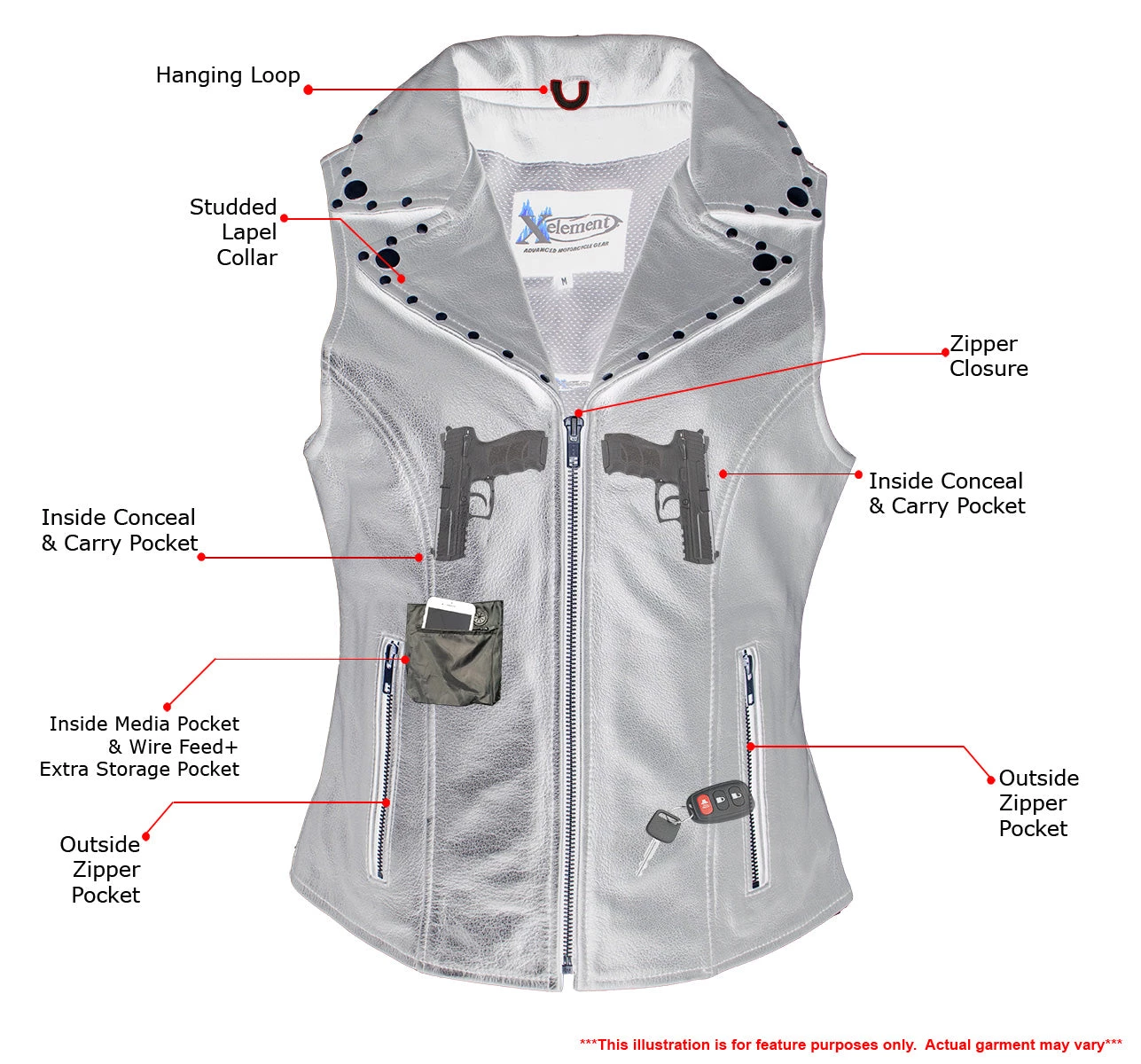 Xelement XS1028 Ladies 'Dita' Black Leather Vest With Riveted M/C Lapel Collar