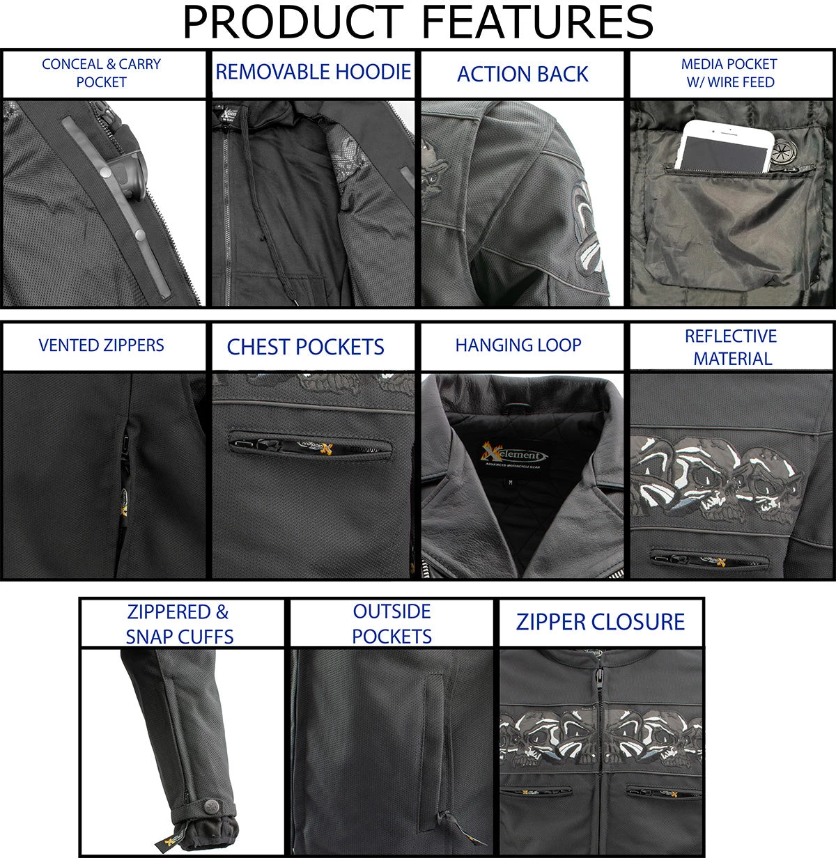 Xelement XS1704 Men’s 'Vengeance' Black Armored Mesh Motorcycle Jacket With Skull Embroidery