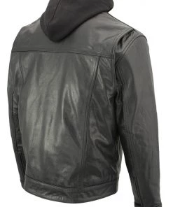 Leather Motorcycle Jackets Xelement XS1025 Men’s'Cross Rake' Black Snap Front Leather Shirt Jacket With Removable Hoodie