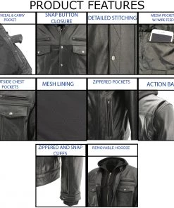 Leather Motorcycle Jackets Xelement XS1025 Men’s'Cross Rake' Black Snap Front Leather Shirt Jacket With Removable Hoodie