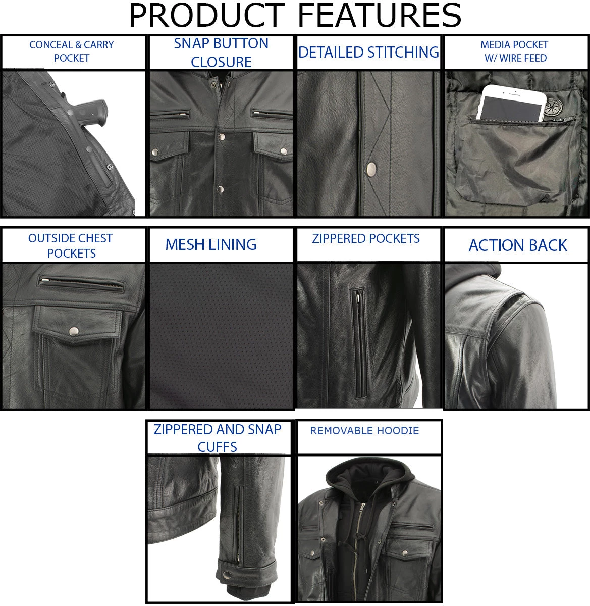 Leather Motorcycle Jackets Xelement XS1025 Men’s 'Cross Rake' Black Snap Front Leather Shirt Jacket With Removable Hoodie