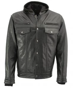 Leather Motorcycle Jackets Xelement XS1025 Men’s'Cross Rake' Black Snap Front Leather Shirt Jacket With Removable Hoodie