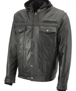 Leather Motorcycle Jackets Xelement XS1025 Men’s'Cross Rake' Black Snap Front Leather Shirt Jacket With Removable Hoodie