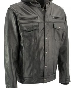 Leather Motorcycle Jackets Xelement XS1025 Men’s'Cross Rake' Black Snap Front Leather Shirt Jacket With Removable Hoodie