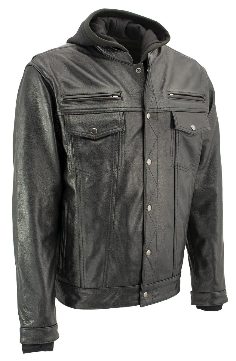 Leather Motorcycle Jackets Xelement XS1025 Men’s 'Cross Rake' Black Snap Front Leather Shirt Jacket With Removable Hoodie