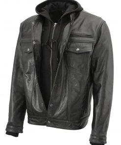 Leather Motorcycle Jackets Xelement XS1025 Men’s'Cross Rake' Black Snap Front Leather Shirt Jacket With Removable Hoodie