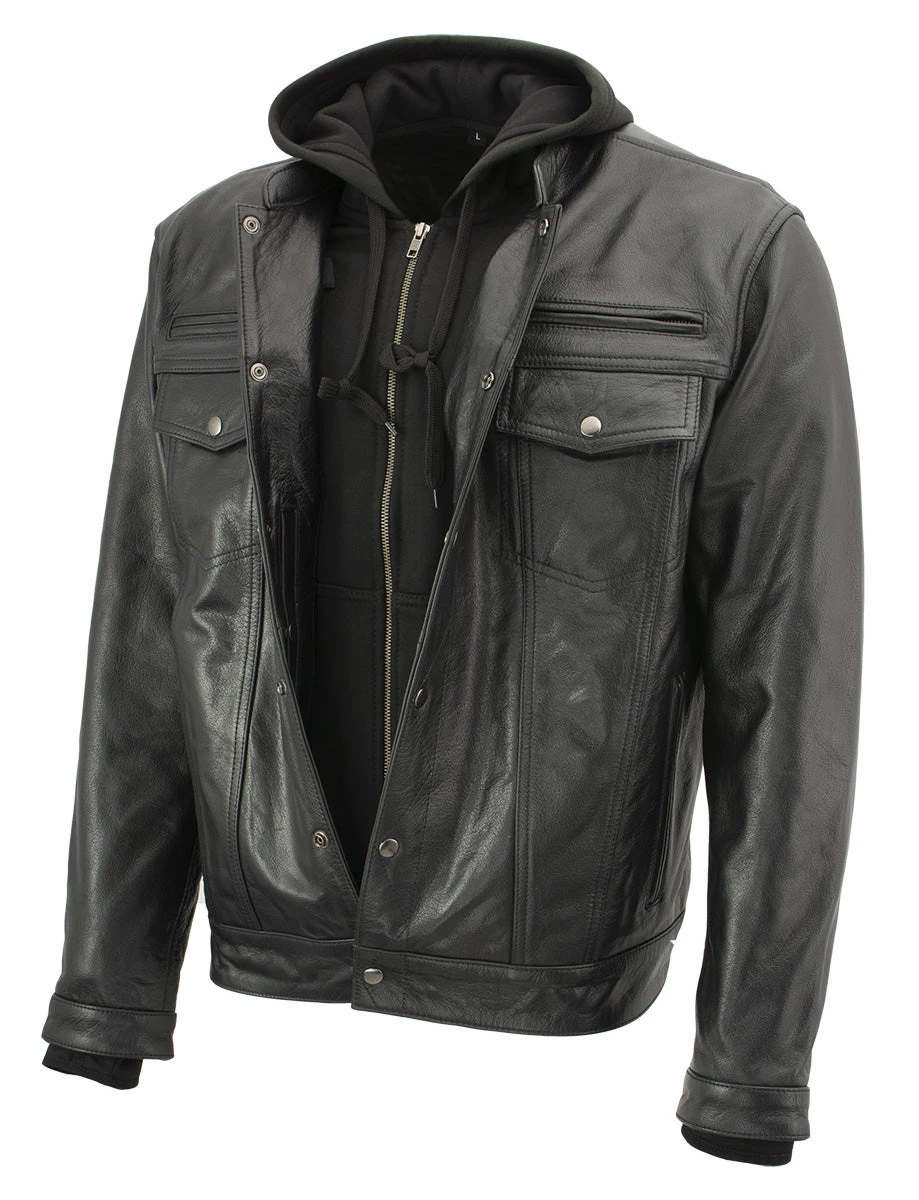 Leather Motorcycle Jackets Xelement XS1025 Men’s 'Cross Rake' Black Snap Front Leather Shirt Jacket With Removable Hoodie