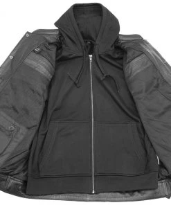 Leather Motorcycle Jackets Xelement XS1025 Men’s'Cross Rake' Black Snap Front Leather Shirt Jacket With Removable Hoodie