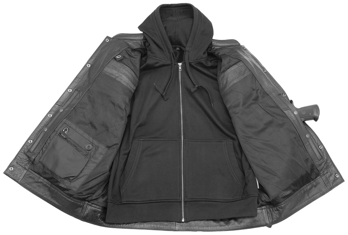 Leather Motorcycle Jackets Xelement XS1025 Men’s 'Cross Rake' Black Snap Front Leather Shirt Jacket With Removable Hoodie