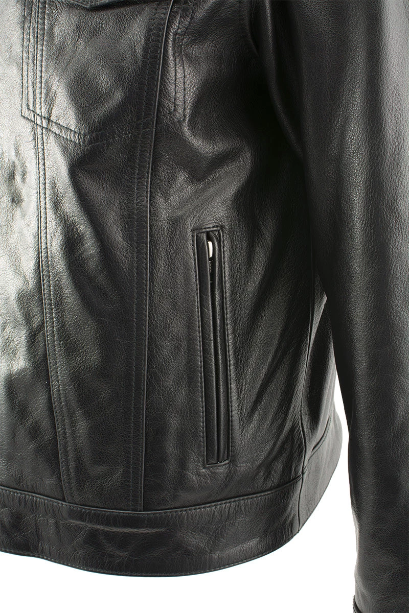 Leather Motorcycle Jackets Xelement XS1025 Men’s 'Cross Rake' Black Snap Front Leather Shirt Jacket With Removable Hoodie