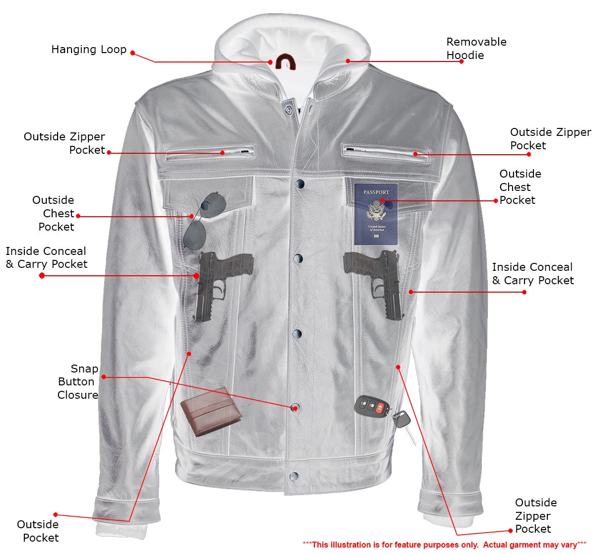 Leather Motorcycle Jackets Xelement XS1025 Men’s 'Cross Rake' Black Snap Front Leather Shirt Jacket With Removable Hoodie