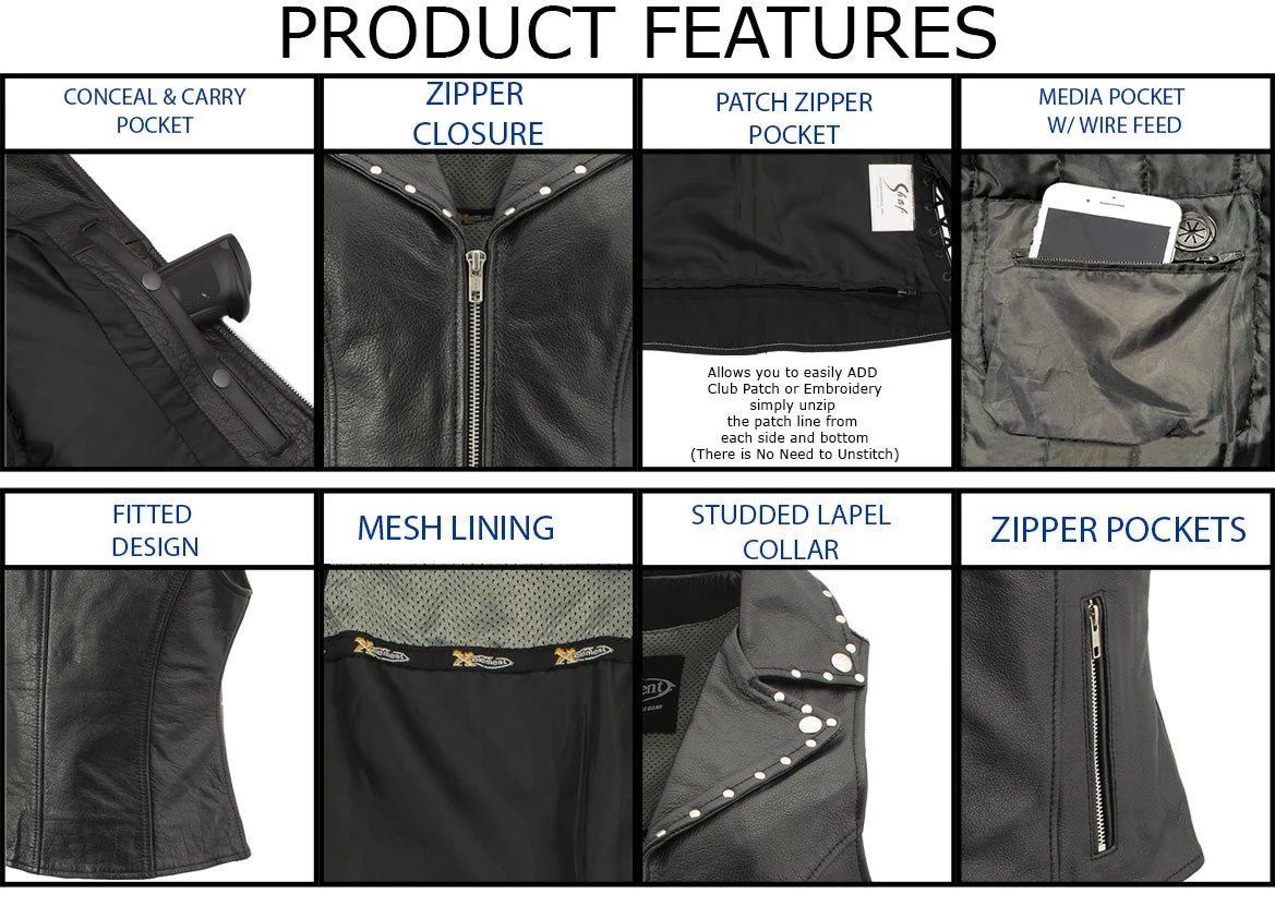 Xelement XS1028 Ladies 'Dita' Black Leather Vest With Riveted M/C Lapel Collar