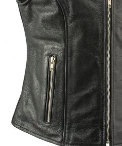 Xelement XS1028 Ladies'Dita' Black Leather Vest With Riveted M/C Lapel Collar