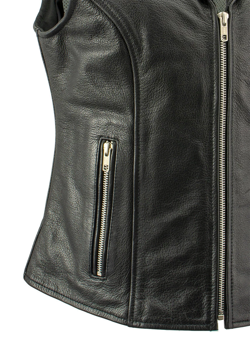 Xelement XS1028 Ladies 'Dita' Black Leather Vest With Riveted M/C Lapel Collar