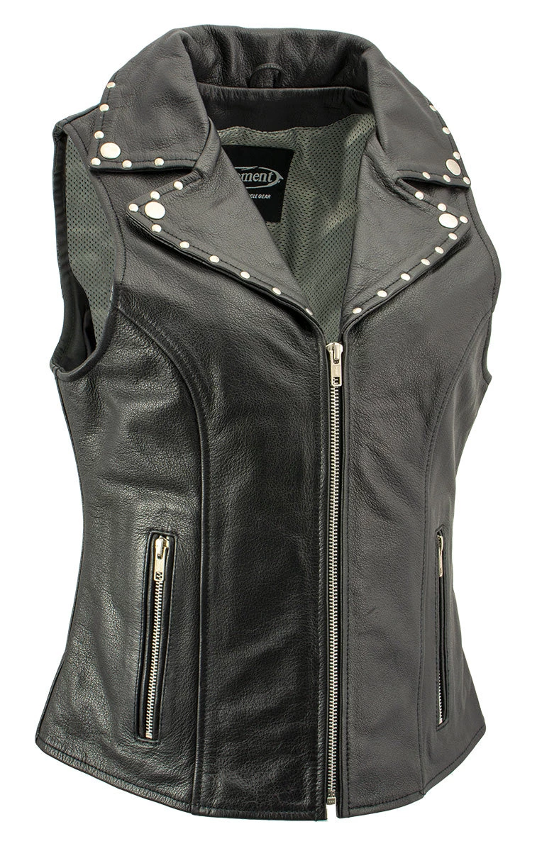 Xelement XS1028 Ladies 'Dita' Black Leather Vest With Riveted M/C Lapel Collar