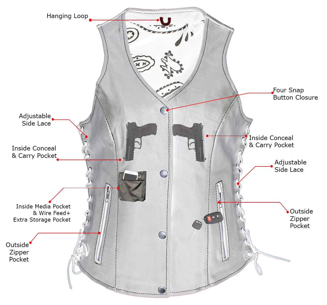 Motorcycle Vests Xelement XS1029 Ladies 'Paisley' Black Leather Vest With Side Lace Adjustment