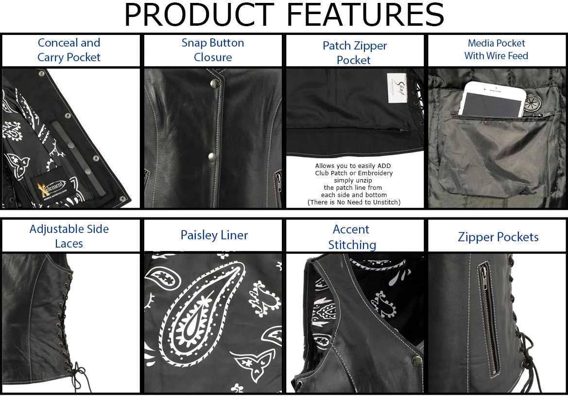 Motorcycle Vests Xelement XS1029 Ladies 'Paisley' Black Leather Vest With Side Lace Adjustment