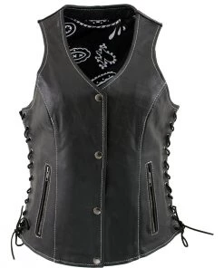 Motorcycle Vests Xelement XS1029 Ladies 'Paisley' Black Leather Vest With Side Lace Adjustment