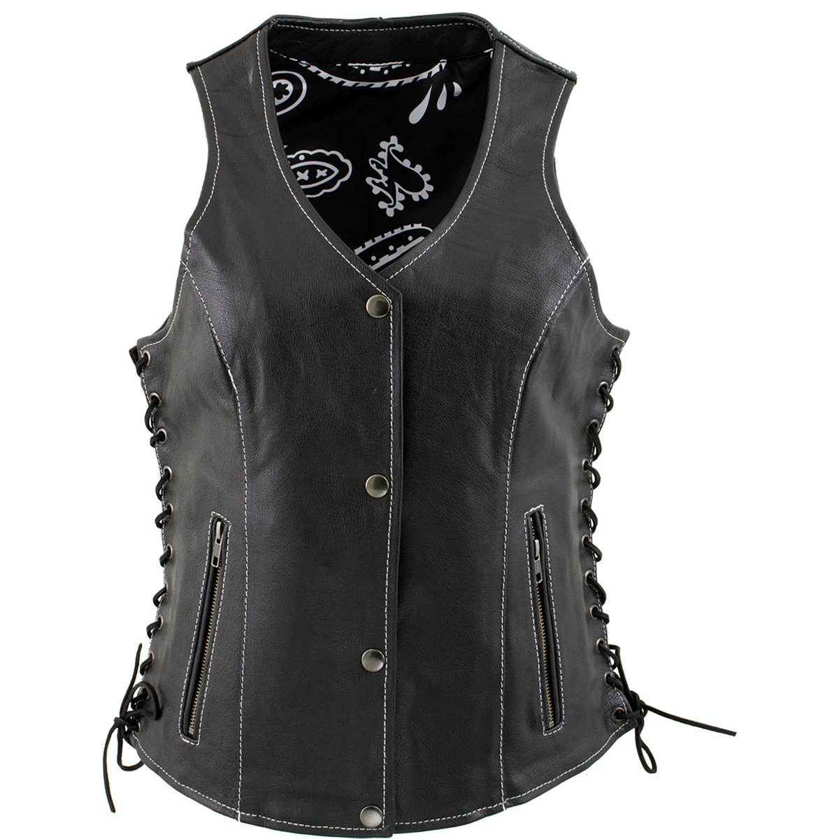 Motorcycle Vests Xelement XS1029 Ladies 'Paisley' Black Leather Vest With Side Lace Adjustment