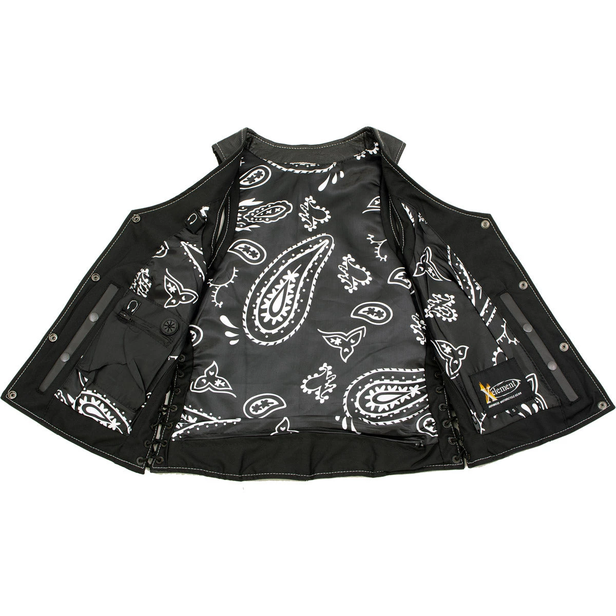 Motorcycle Vests Xelement XS1029 Ladies 'Paisley' Black Leather Vest With Side Lace Adjustment