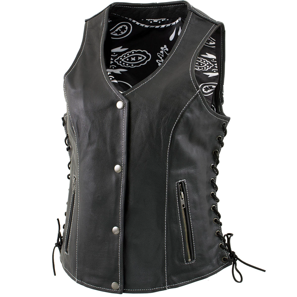 Motorcycle Vests Xelement XS1029 Ladies 'Paisley' Black Leather Vest With Side Lace Adjustment