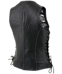Motorcycle Vests Xelement XS1029 Ladies'Paisley' Black Leather Vest With Side Lace Adjustment