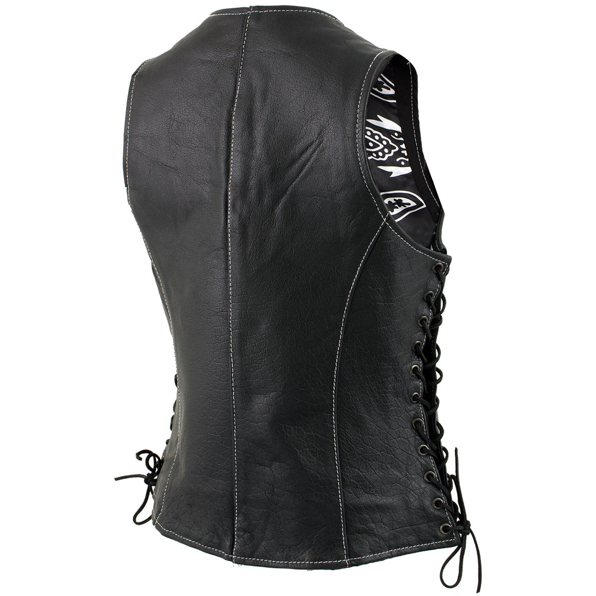 Motorcycle Vests Xelement XS1029 Ladies 'Paisley' Black Leather Vest With Side Lace Adjustment