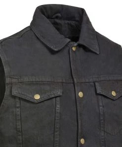 Genuine Leather Men’s XS107 Classic Black Snap Front Denim Vest With Shirt Style Collar