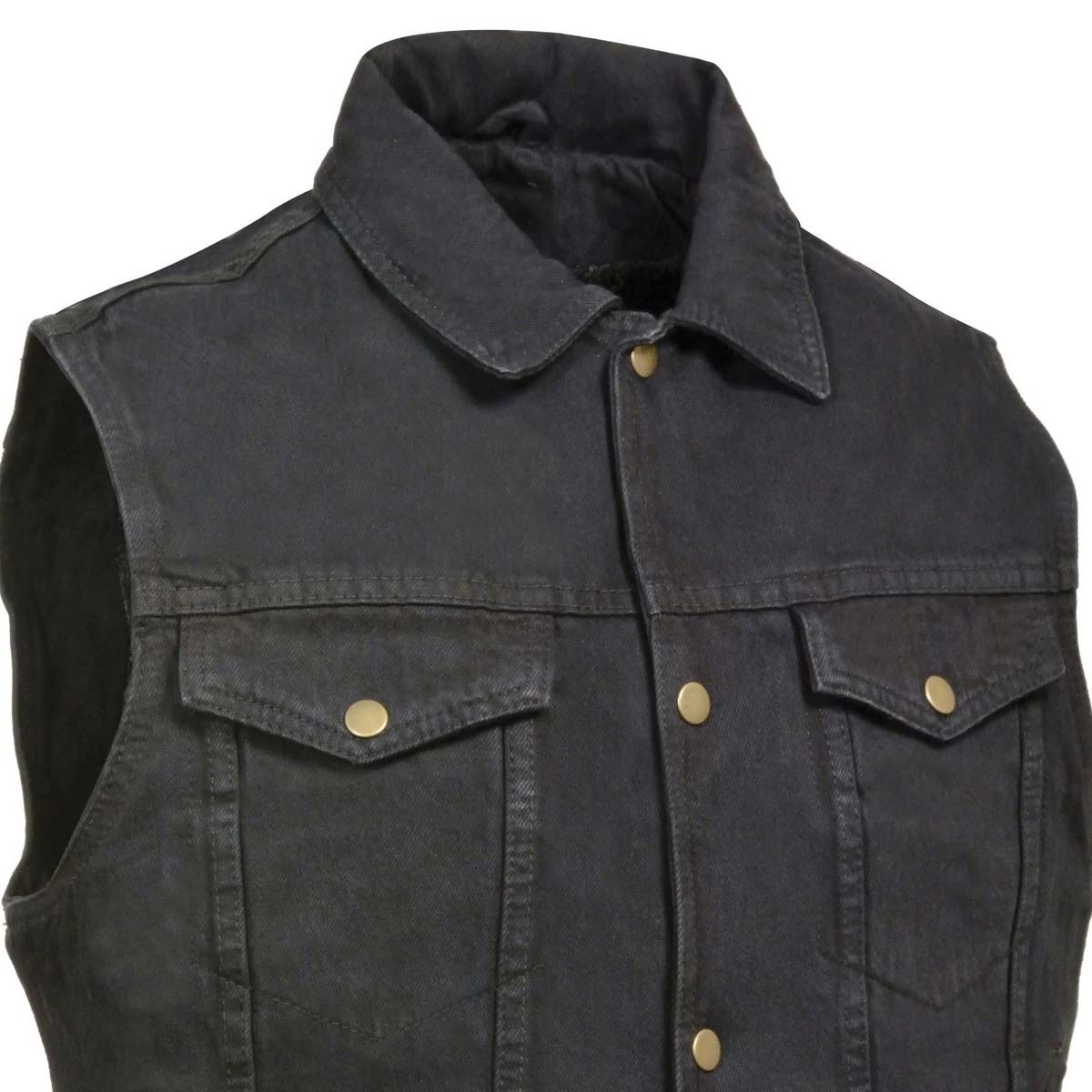 Genuine Leather Men’s XS107 Classic Black Snap Front Denim Vest With Shirt Style Collar