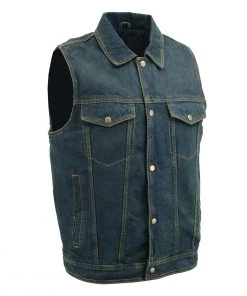 Genuine Leather Men’s XS107 Classic Blue Snap Front Denim Vest With Shirt Style Collar