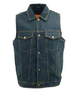Genuine Leather Men’s XS107 Classic Blue Snap Front Denim Vest With Shirt Style Collar