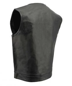 Genuine Leather Men’s XS122 Black Collarless SOA Style Dual Snap And Zip Front Leather Motorcycle Vest