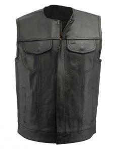 Genuine Leather Men’s XS122 Black Collarless SOA Style Dual Snap And Zip Front Leather Motorcycle Vest
