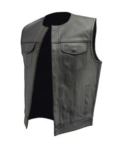 Genuine Leather Men’s XS122 Black Collarless SOA Style Dual Snap And Zip Front Leather Motorcycle Vest